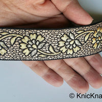 Thumbnail for Wholesale Black Fabric Lace With Floral Design, Gold And Pink /Blue /Gold/ Bronze Embroidered Trim, Approx. 30mm wide