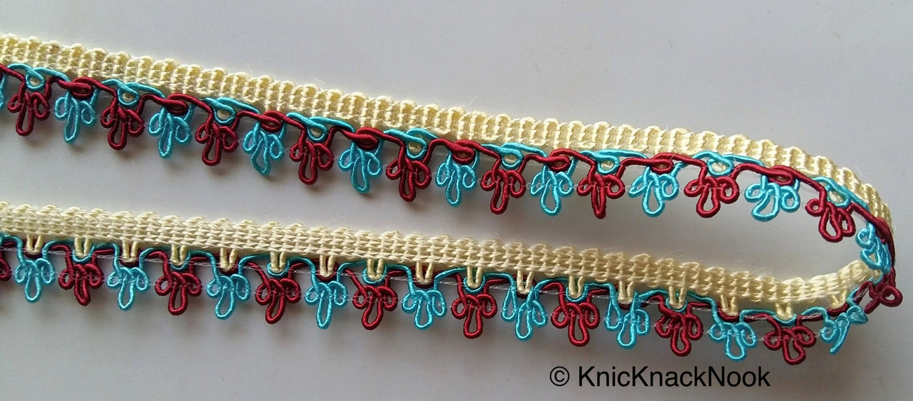 Maroon Red, Blue And Beige Thread Embroidered Lace Trim, 16mm wide