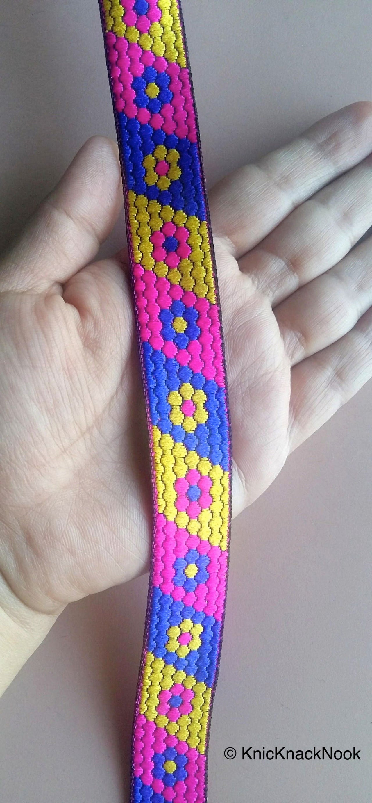 Fuchsia Pink, Blue And Yellow Trim With Floral Embroidery, Approx. 20mm Wide