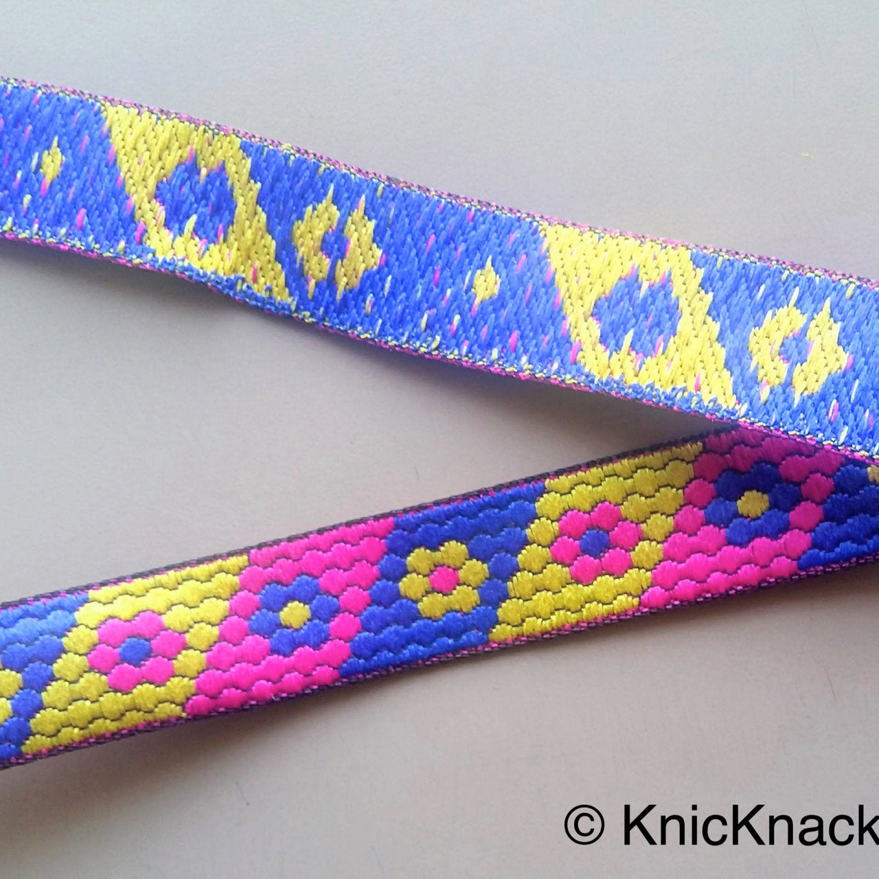 Fuchsia Pink, Blue And Yellow Trim With Floral Embroidery, Approx. 20mm Wide
