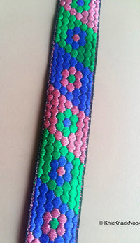 Thumbnail for Pink, Blue And Green Trim With Floral Embroidery, Approx. 20mm Wide
