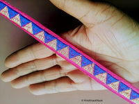 Thumbnail for Blue, Fuchsia And Bronze Thread Triangle Embroidery One Yard Lace Trim 18mm Wide - 200317L302