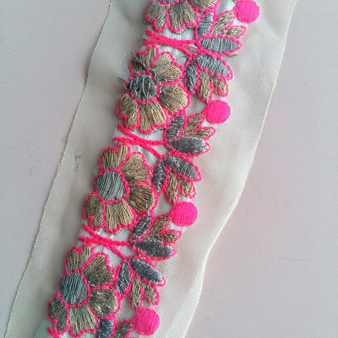 Sheer Gold Fabric Trim With Pink and Green Floral Thread Embroidery One Yard Lace Trim 58mm Wide - 200317L286