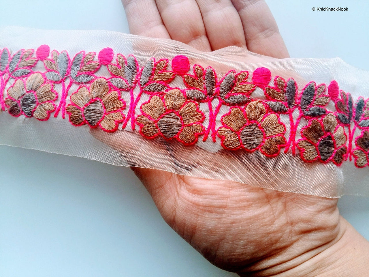 Sheer Gold Fabric Trim With Pink and Green Floral Thread Embroidery One Yard Lace Trim 58mm Wide - 200317L286