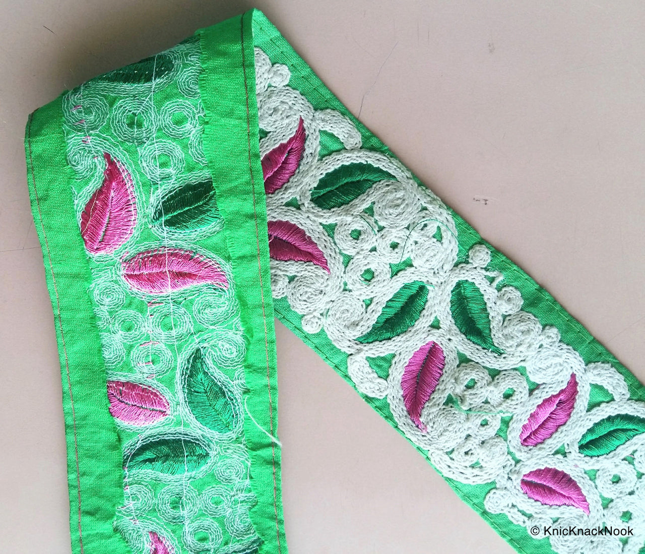 Green / Blue Fabric Trim With Off White, Pink And Green Embroidery, 75mm wide - 200317L520/21Trim