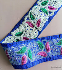 Thumbnail for Green / Blue Fabric Trim With Off White, Pink And Green Embroidery, 75mm wide - 200317L520/21Trim