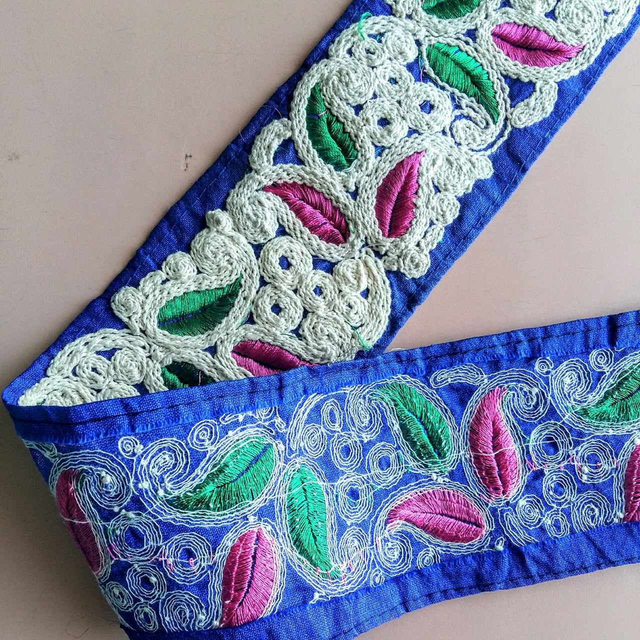 Green / Blue Fabric Trim With Off White, Pink And Green Embroidery, 75mm wide - 200317L520/21