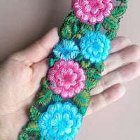 Thumbnail for Black Fabric Trim With Pink, Blue And Green Floral Embroidery, 50mm wide - 200317L334