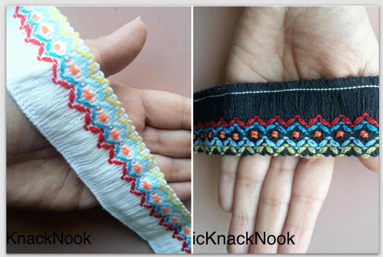 White / Black Threaded Trim With Red, Blue, Yellow And Orange Embroidery