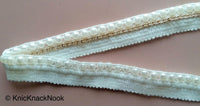 Thumbnail for White Pearl Embellishments On White Cotton And Gold Threaded Trim, Dyeable Trim, Approx. 20 mm wide - 200317L105