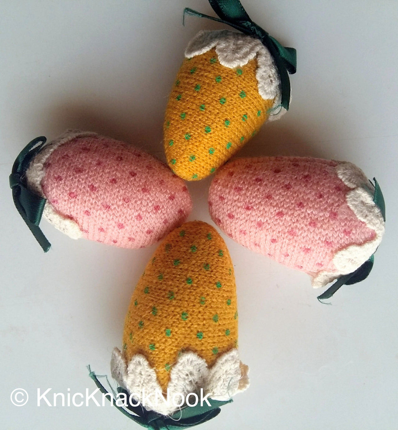Pink / Yellow, White And Green Strawberry Applique With Polka Dots x 2