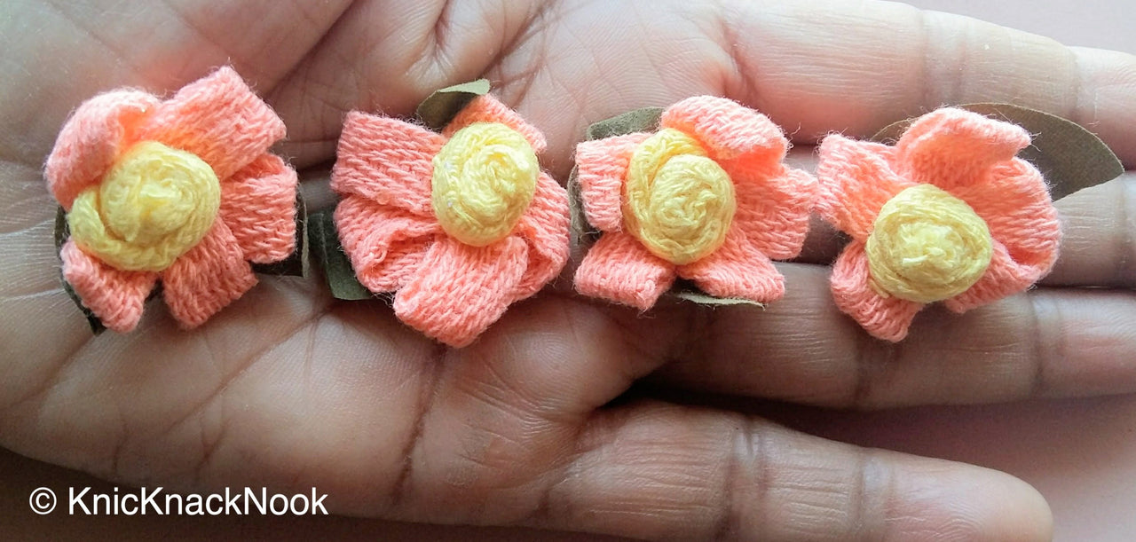 Orange, Yellow And Green Crochet Flower And Leaves Appliqué x 4, Floral Motifs