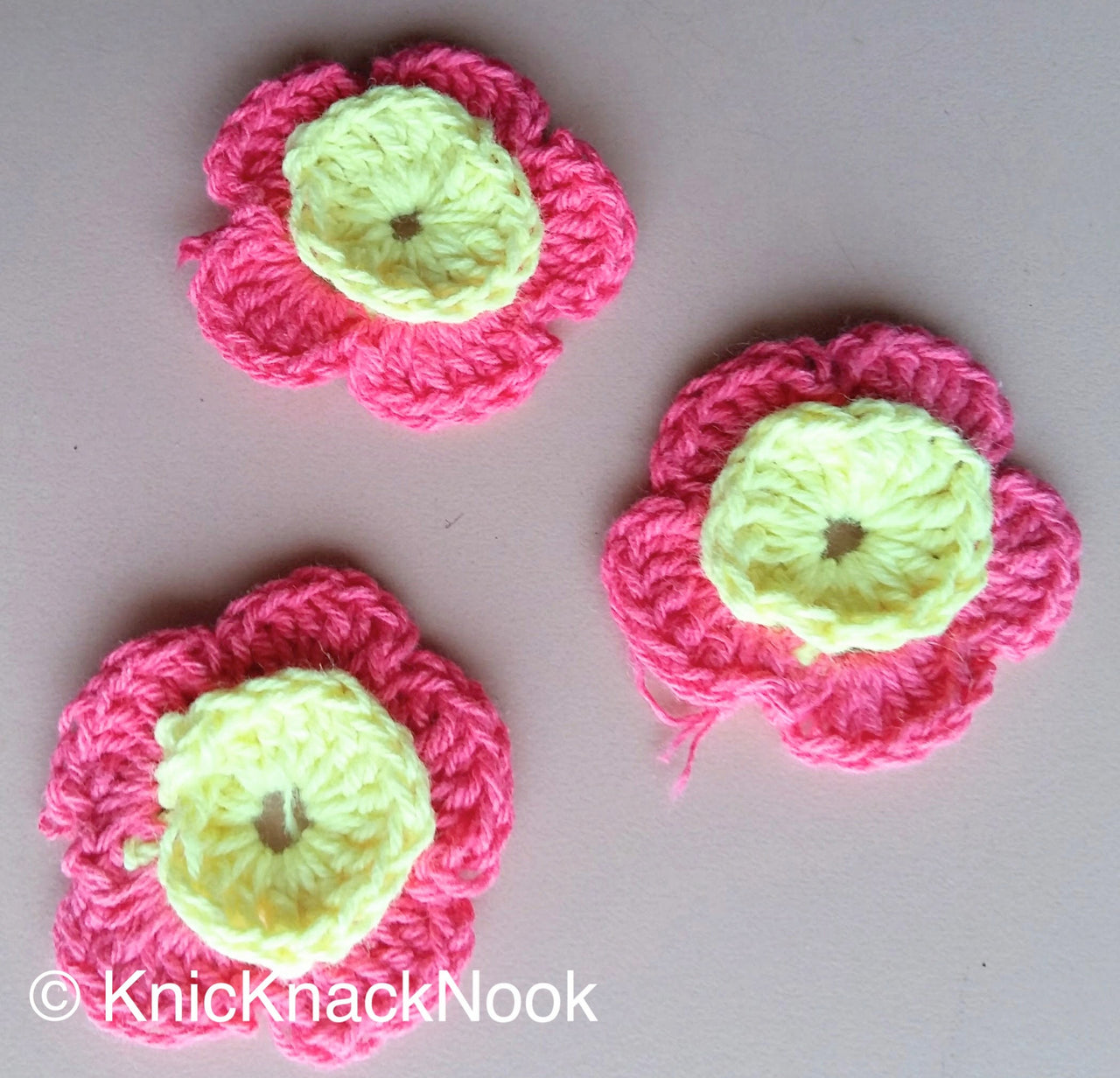 Pink And Yellow Crochet Flower Appliqué x 3 - 200317A115E