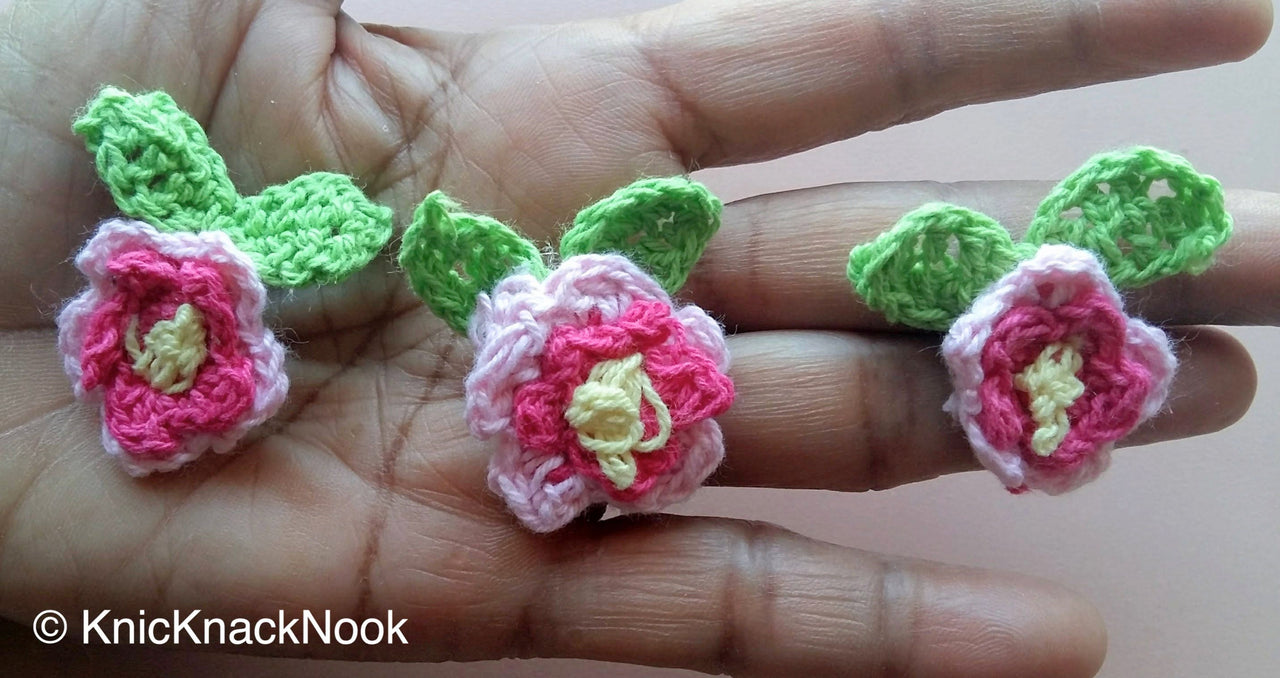 Pink, Fuchsia, Yellow And Green Crochet Flower And Leaves Appliqué x 3 - 200317A115F