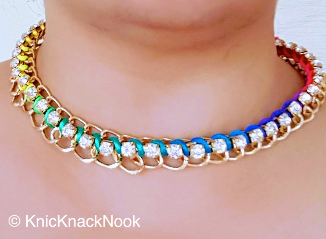 Gold, Black / Blue, Green, Yellow And Pink Choker Collar, Metal Choker, Fabric Choker With Diamante Faux Swarovski Crystal - 200317A116A/B