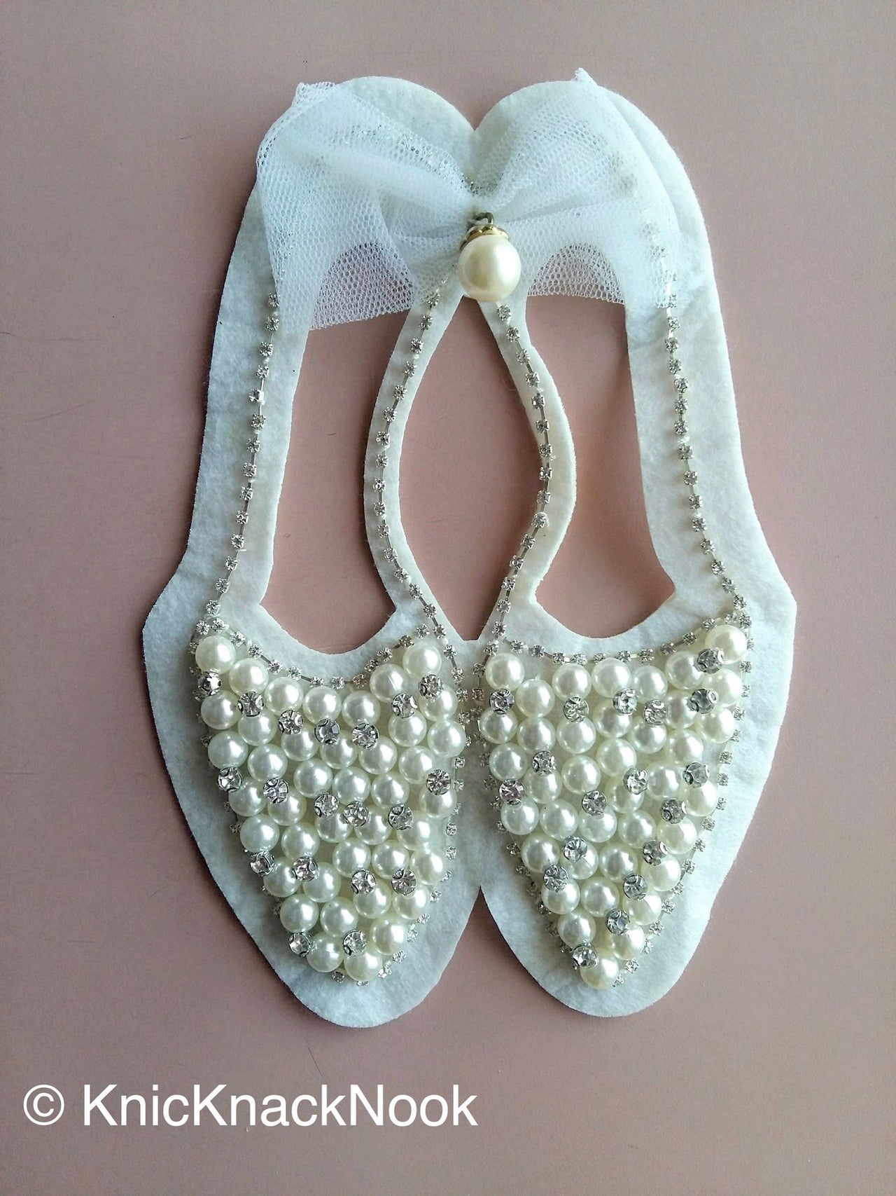 White Shoe Applique With Pearls, Rhinestones, Diamante Faux Swarovski Crystals