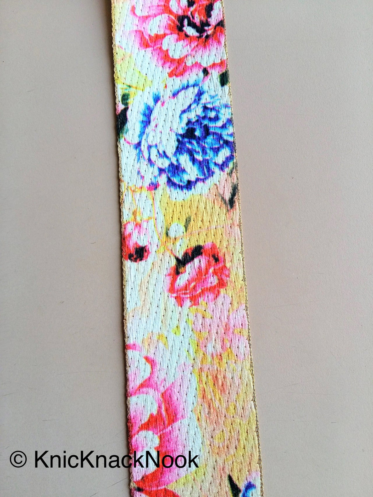 Beige, Pink, Blue and Brown Print Floral Fabric Trim