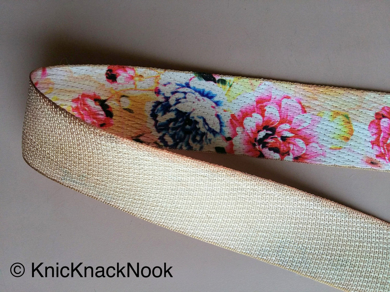 Beige, Pink, Blue and Brown Print Floral Fabric Trim