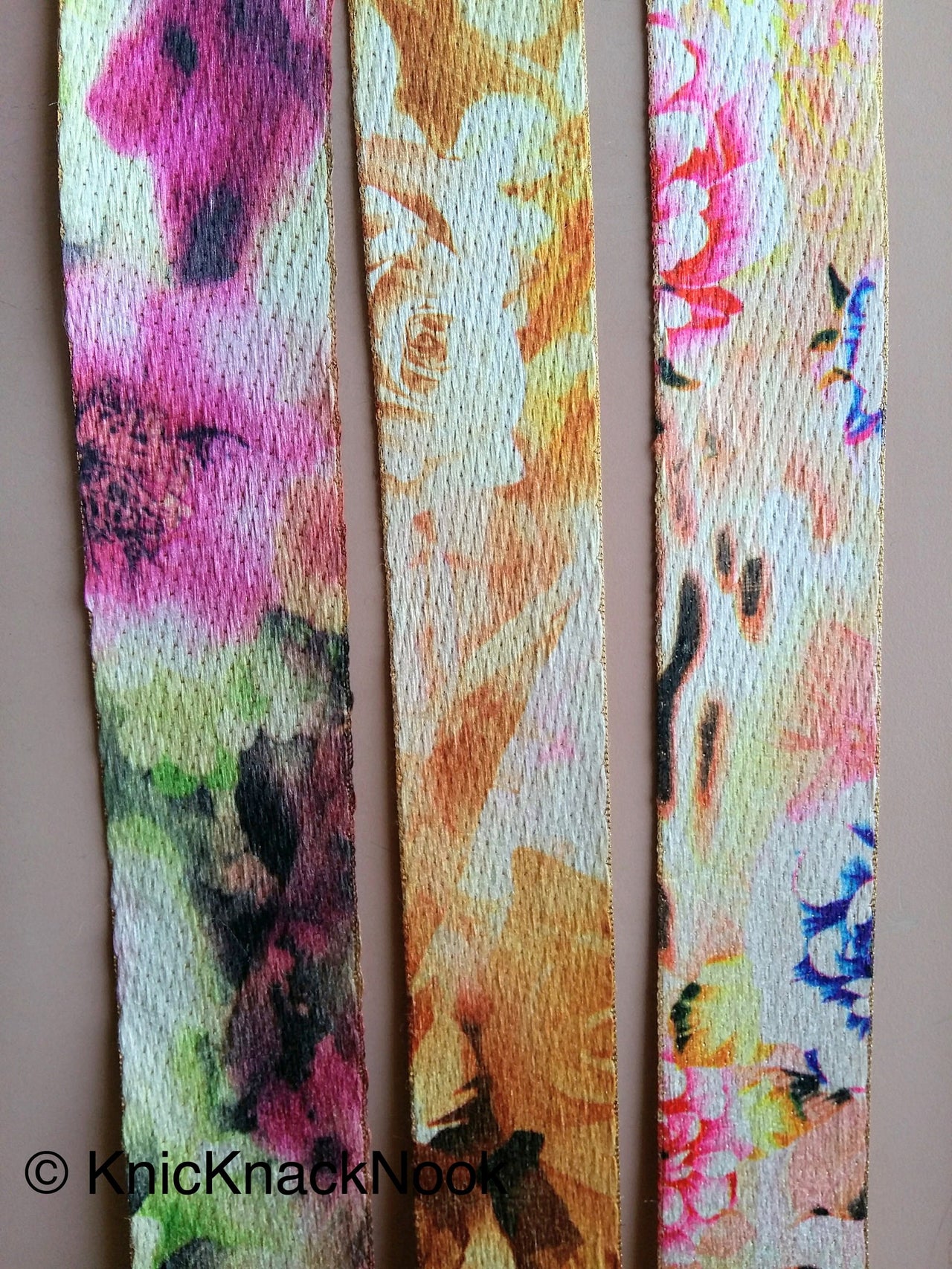 Beige, Pink, Blue and Brown Print Floral Fabric Trim
