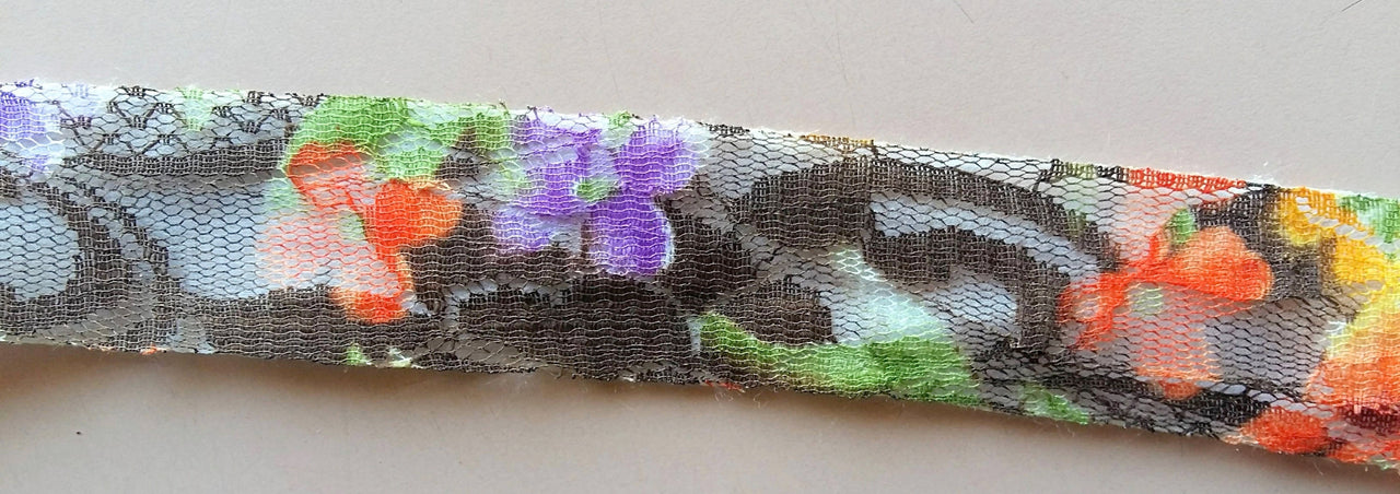 Brown, Orange, Green And Lilac Purple Floral Net Lace Trim Ribbon 30mm wide - 200317L25