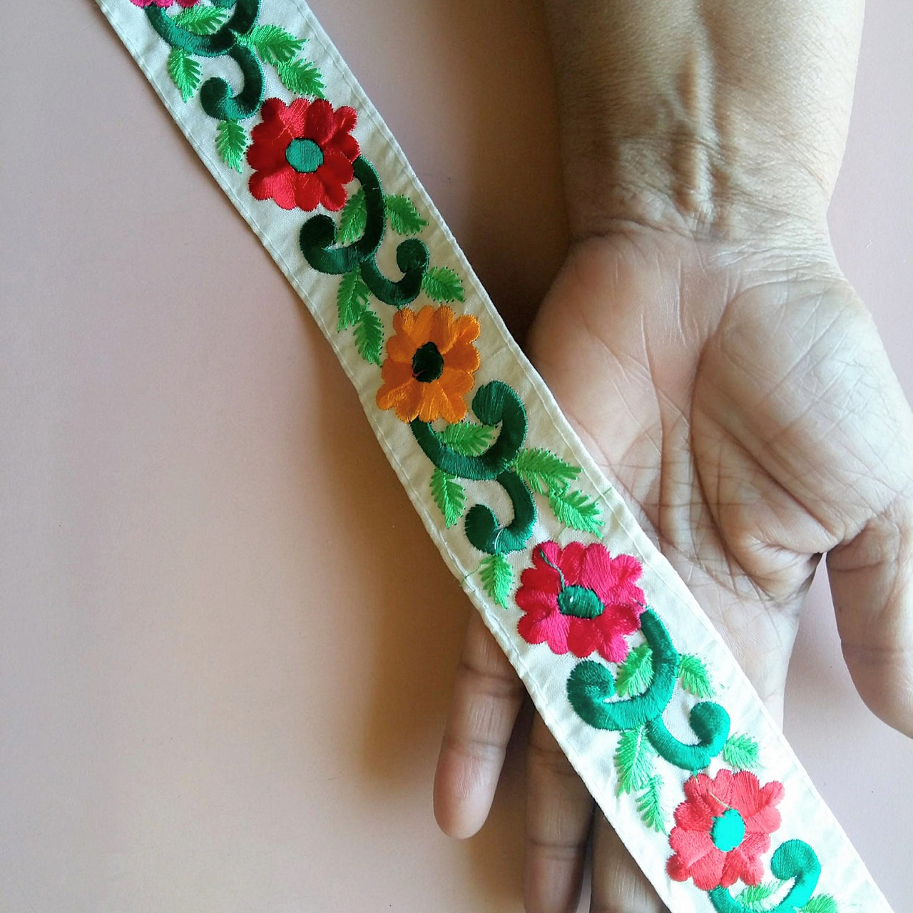 Off White Fabric Trim With Floral Embroidery, Pink, Red