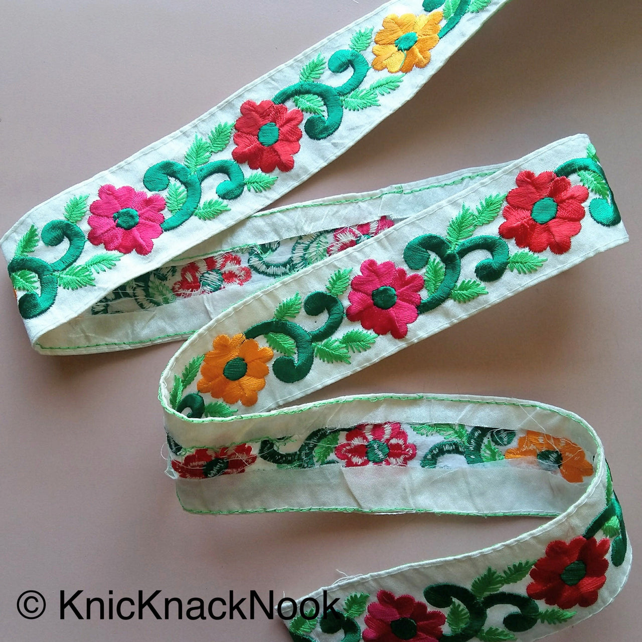 Off White Fabric Trim With Floral Embroidery, Pink, Red