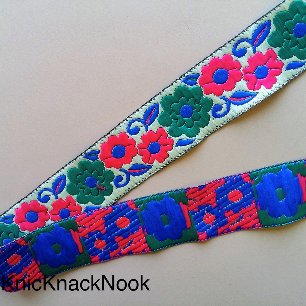 Beige, Green, Fuchsia Pink And Blue Thread Floral Embroidery One Yard Lace Trim 35mm Wide - 200317L134