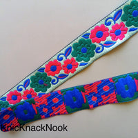Thumbnail for Beige, Green, Fuchsia Pink And Blue Thread Floral Embroidery One Yard Lace Trim 35mm Wide - 200317L134