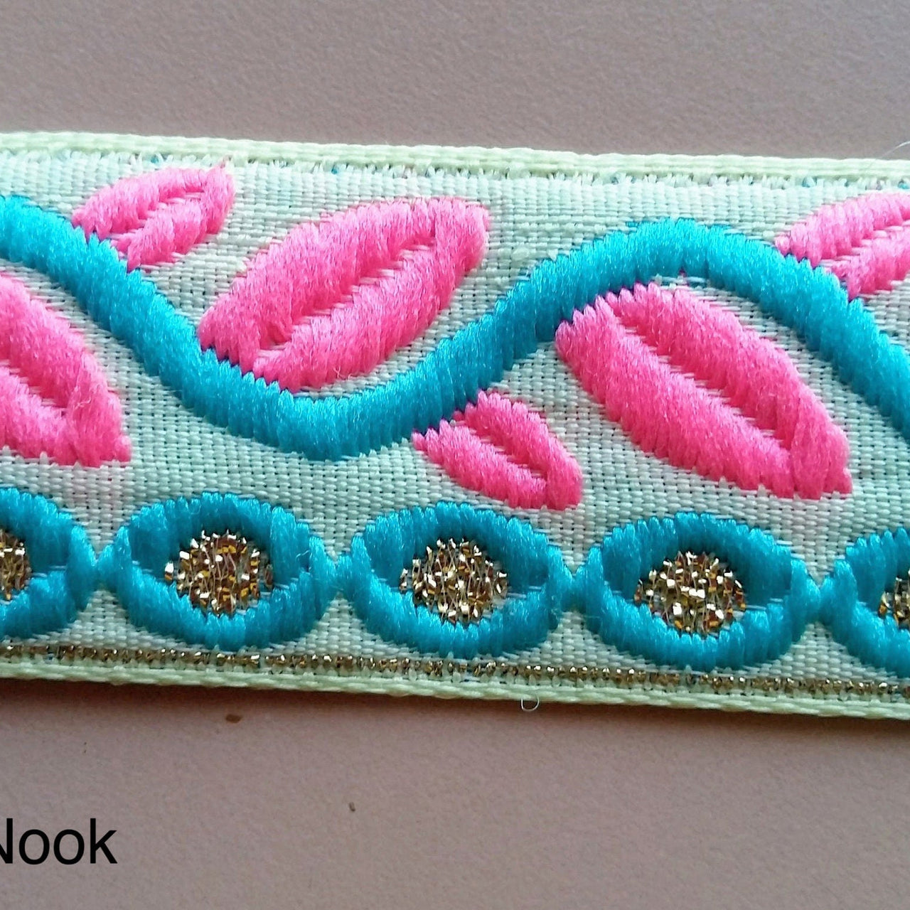 Beige Trim With Pink, Blue And Gold Leaves On Vine Embroidery, Approx. 30mm Wide - 200317L124