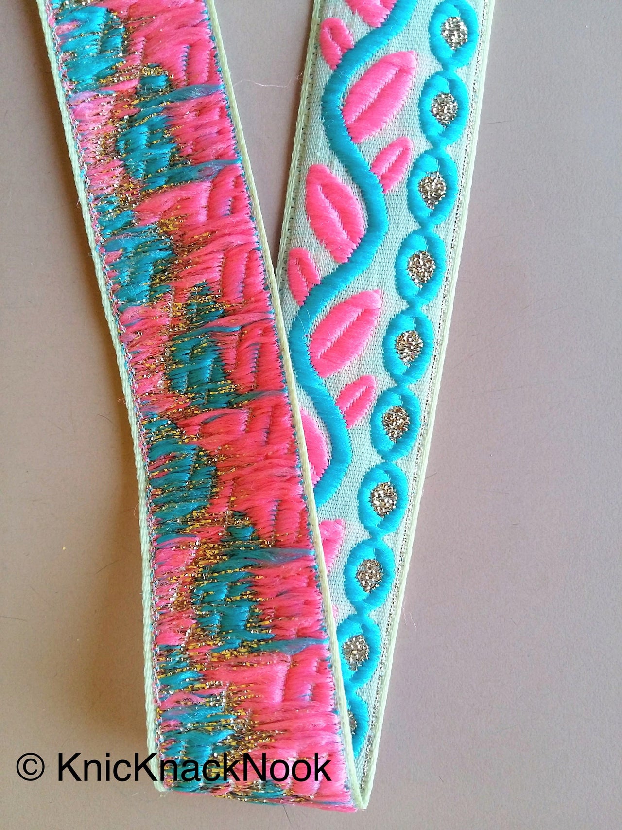 Beige Trim With Pink, Blue And Gold Leaves On Vine Embroidery, Approx. 30mm Wide - 200317L124