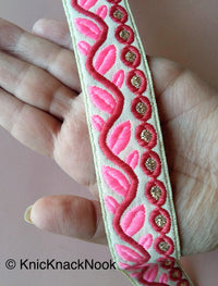 Thumbnail for Wholesale Beige Trim With Pink And Gold Leaves On Vine Weave Jacquard Trim, Approx. 30mm Wide Trim by 9 Yards, Indian Border Craft Ribbon