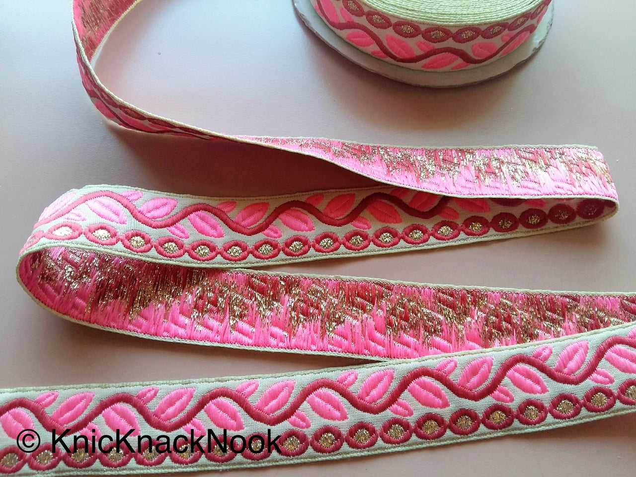 Wholesale Beige Trim With Pink And Gold Leaves On Vine Weave Jacquard Trim, Approx. 30mm Wide Trim by 9 Yards, Indian Border Craft Ribbon