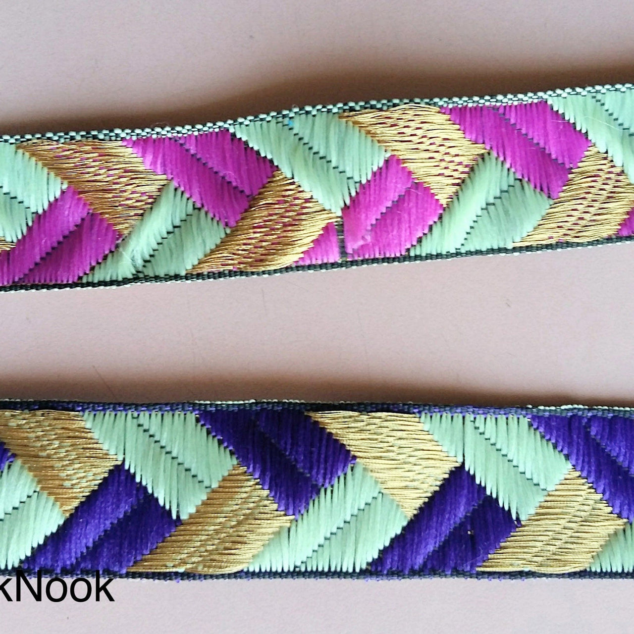 Purple / Fuchsia Pink, Green And Gold Embroidered Trim, Geometric Pattern