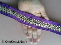 Thumbnail for Purple / Blue / Brown Fabric Trim With Silver And Gold Kundan Beads Work, Approx. 36mm Wide - 200317L526/27/28Trim