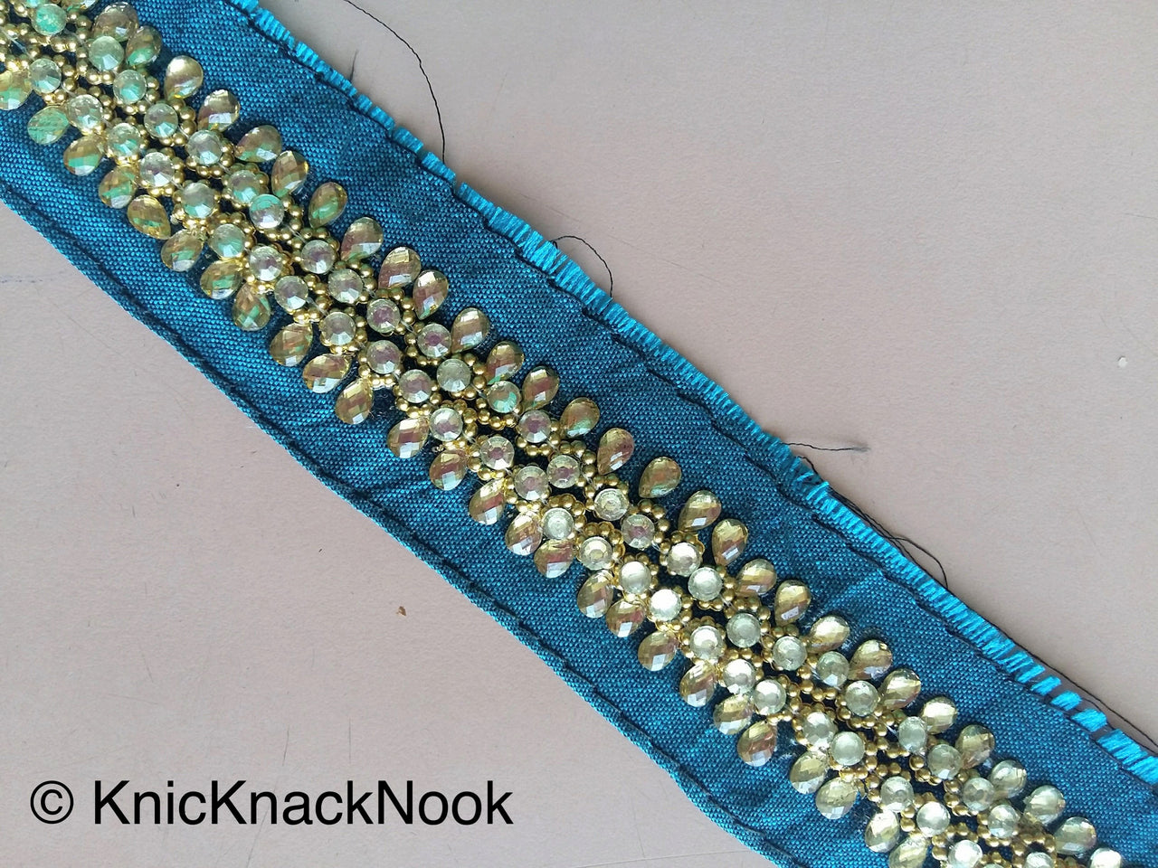 Purple / Blue / Brown Fabric Trim With Silver And Gold Kundan Beads Work, Approx. 36mm Wide - 200317L526/27/28