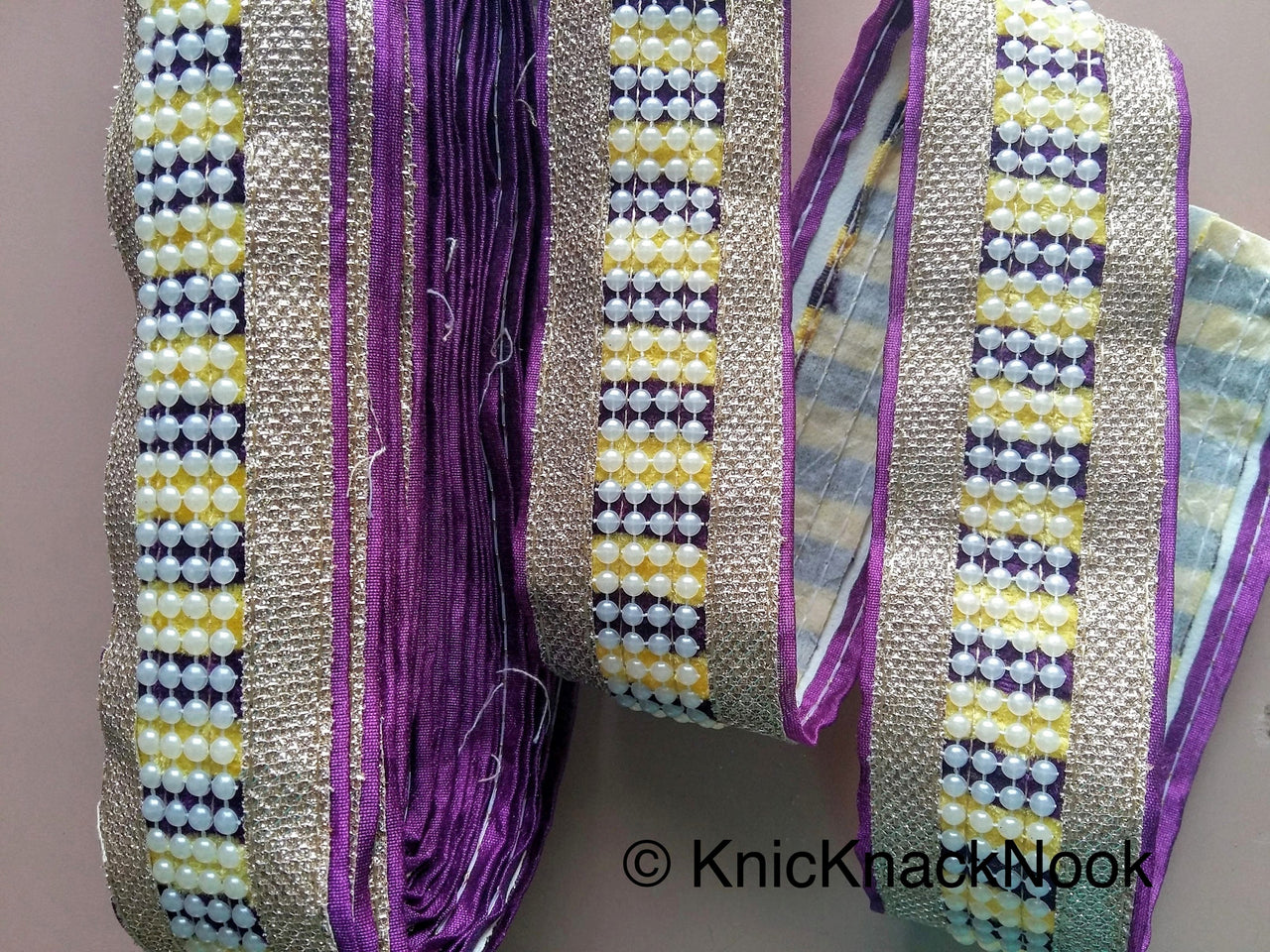 Mauve, Yellow, Silver And White Trim With FlatBack Beads Lattice On Velvet Fabric Trim
