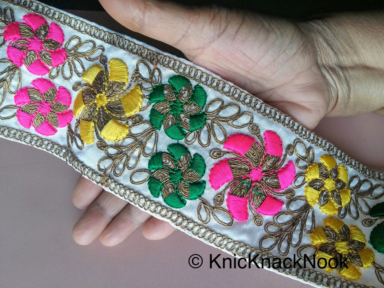 Off White Fabric Trim With Bronze, Green, Pink And Blue/Yellow Floral Embroidery