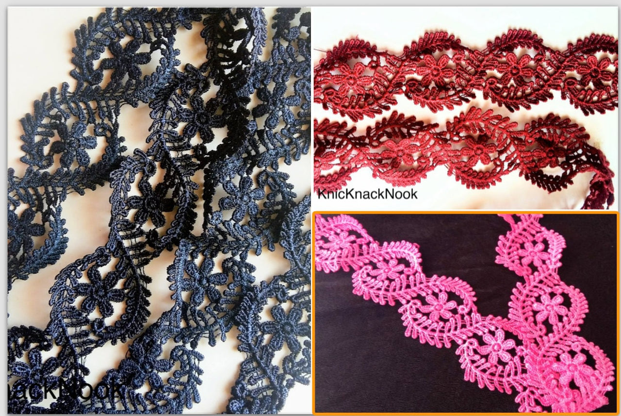 Blue / Red / Pink Floral Embroidery Crochet (Cotton) One Yard Lace Trim, Approx. 55mm Wide - 200317L44/45/46