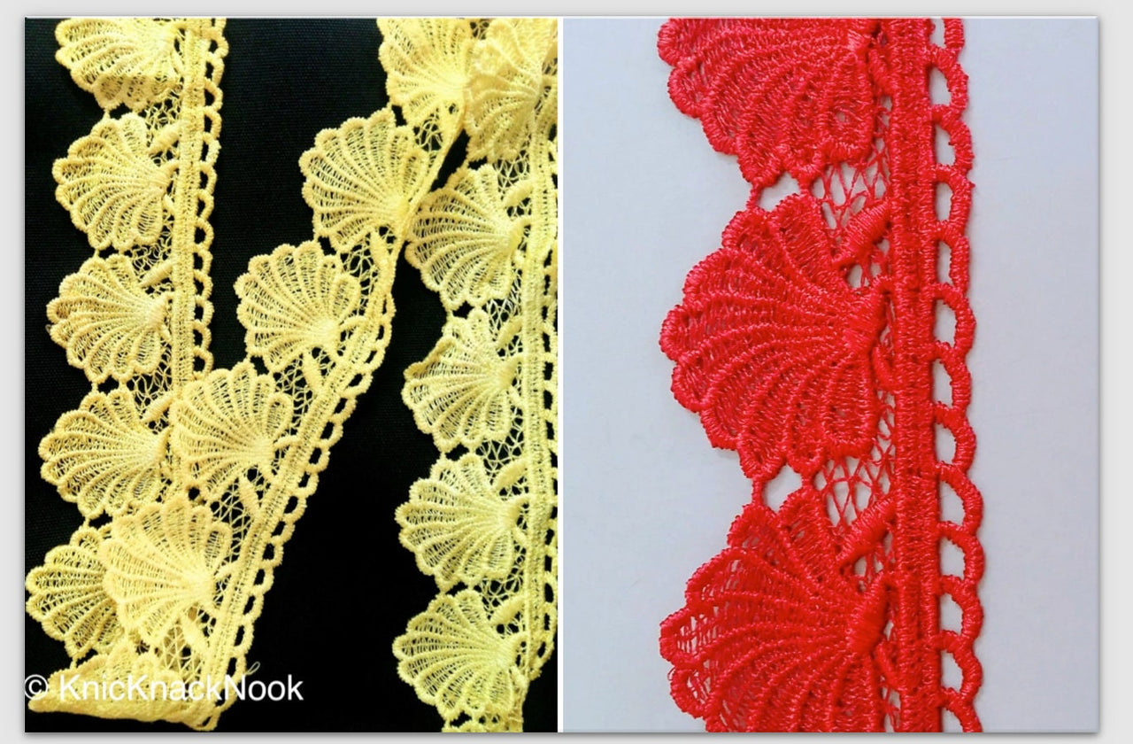 Yellow / Red Shell Embroidery Crochet (Cotton) One Yard Lace Trim, Approx. 60mm Wide - 200317L50/51