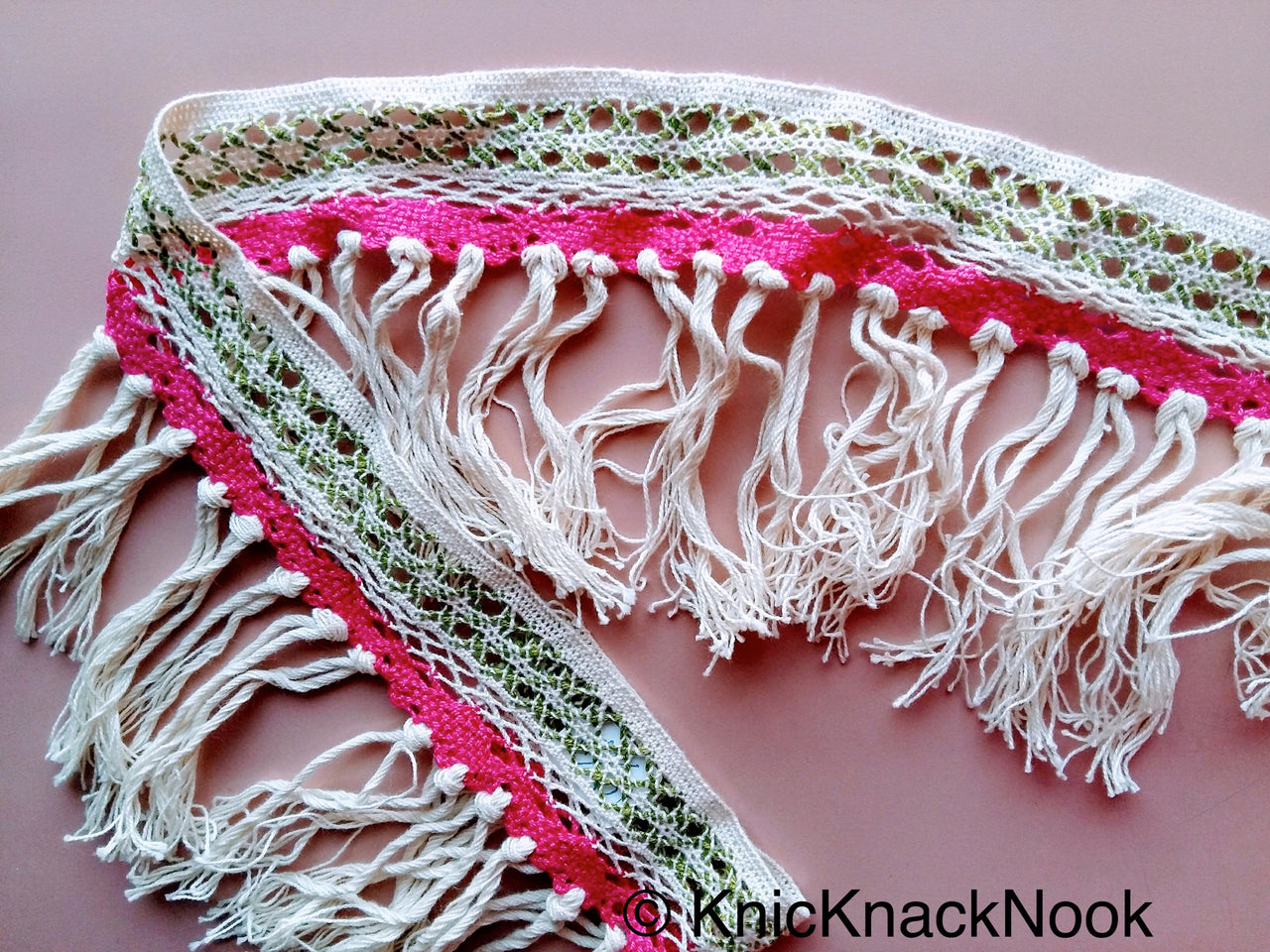 Beige, Fuchsia Pink And Green Crochet Cotton Trim
