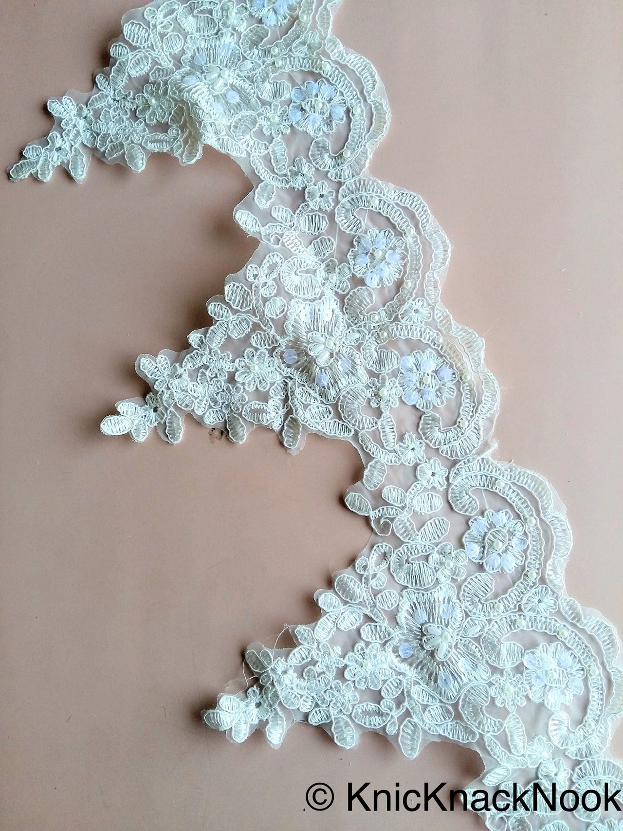 Wholesale White Embroidery Bridal Trim With White Pearls And Clear Sequins, Approx. 20 cm wide, Wedding Lace