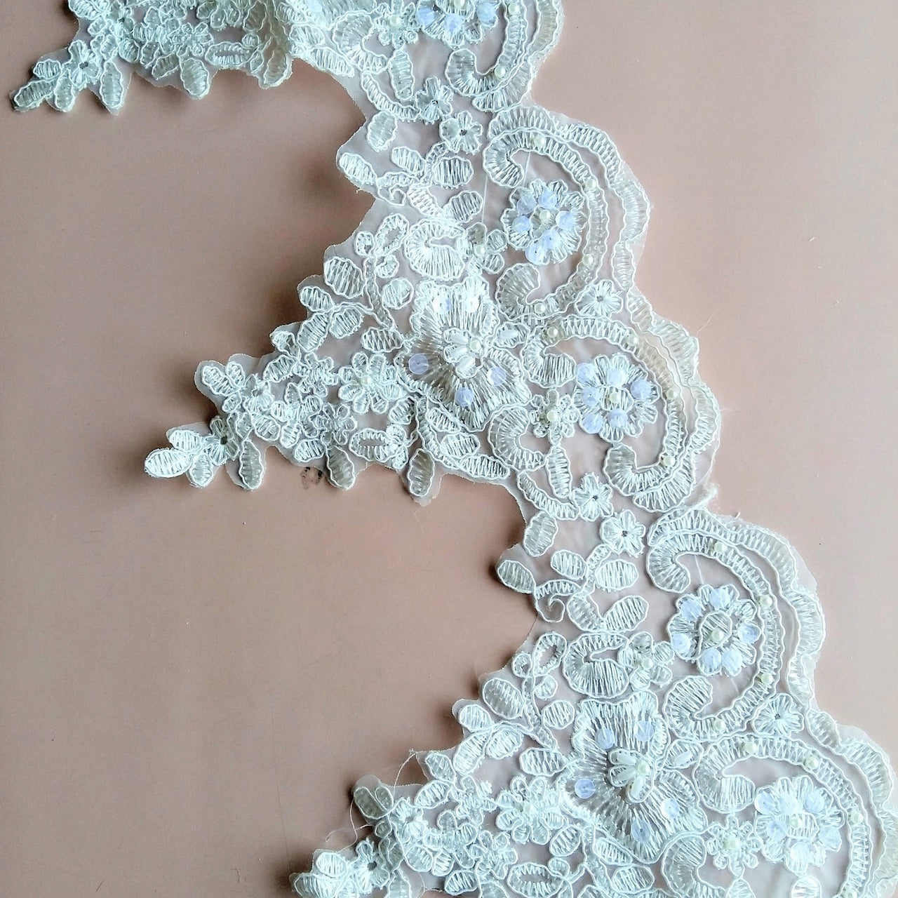 White Embroidery Bridal Trim With White Pearls And Clear Sequins, Dyeable Trim, Approx. 20 cm wide - 200317L38