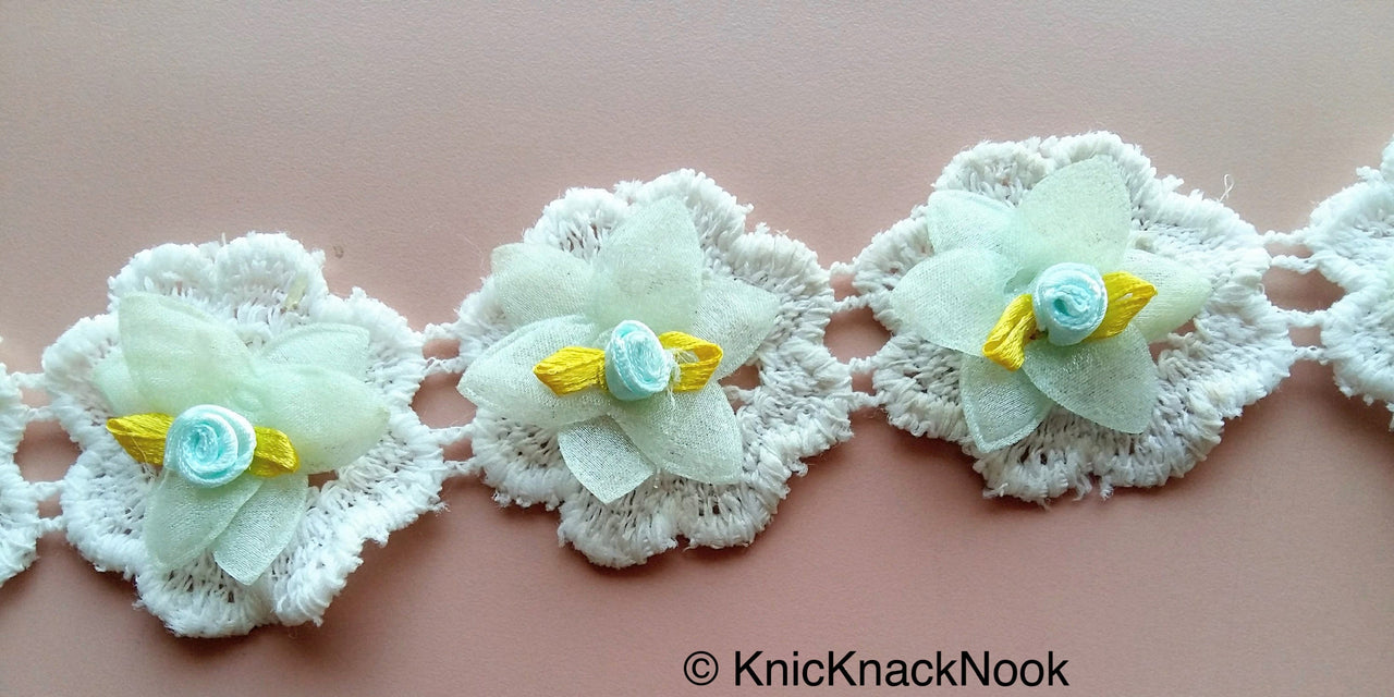 Off White Cotton Embroidery And Fabric Flower Trim With Satin Green Leaves And White/Green Rose, Approx. 55mm