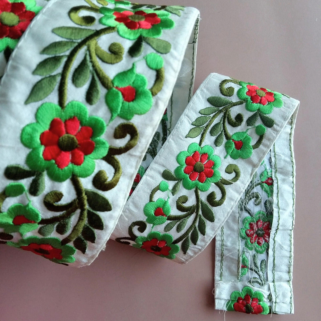 Beige Fabric Trim With Green And Red Floral Embroidery, 56mm wide