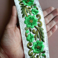 Thumbnail for Beige Fabric Trim With Green Floral Embroidery, 56mm wide