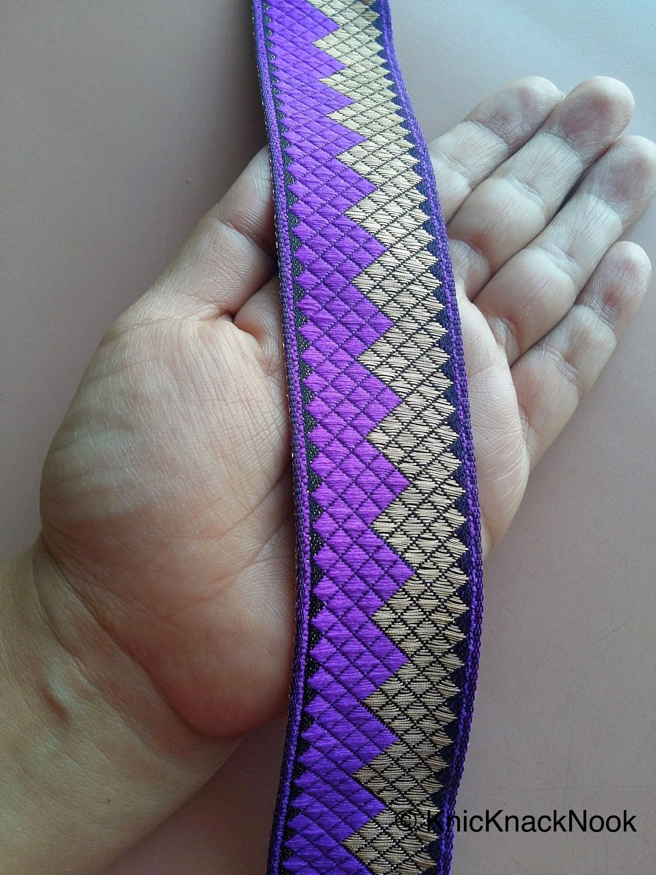 Purple And Gold Embroidered Thread Trim, Approx. 35mm wide