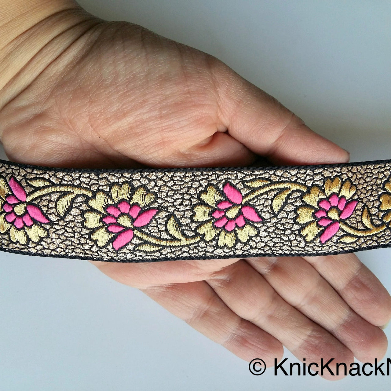 Black Fabric Lace With Floral Design, Gold And Pink /Blue /Gold/ Bronze Embroidered Trim, Approx. 30mm wide