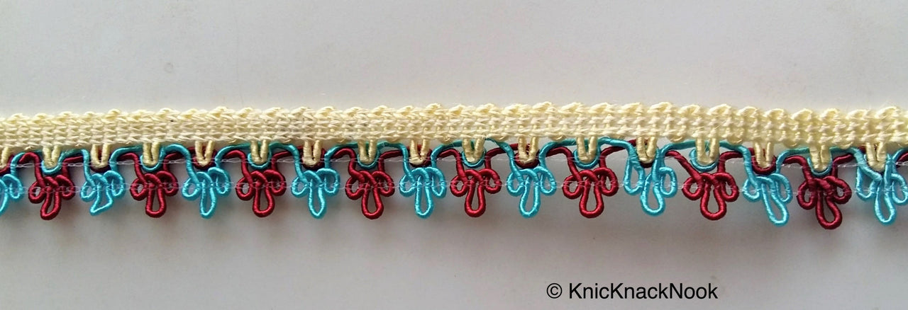 Maroon Red, Blue And Beige Thread Embroidered Lace Trim, 16mm wide