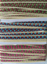 Thumbnail for Maroon Red, Blue And Beige Thread Embroidered Lace Trim, 16mm wide