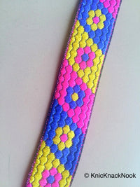 Thumbnail for Fuchsia Pink, Blue And Yellow Trim With Floral Embroidery, Approx. 20mm Wide